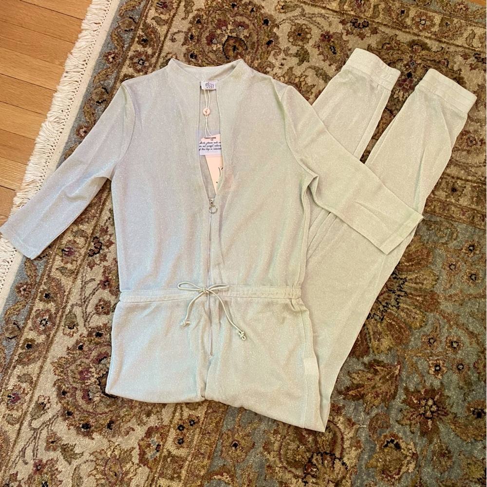 Oh Polly Silver Shimmer Drawstring Jumpsuit NWT